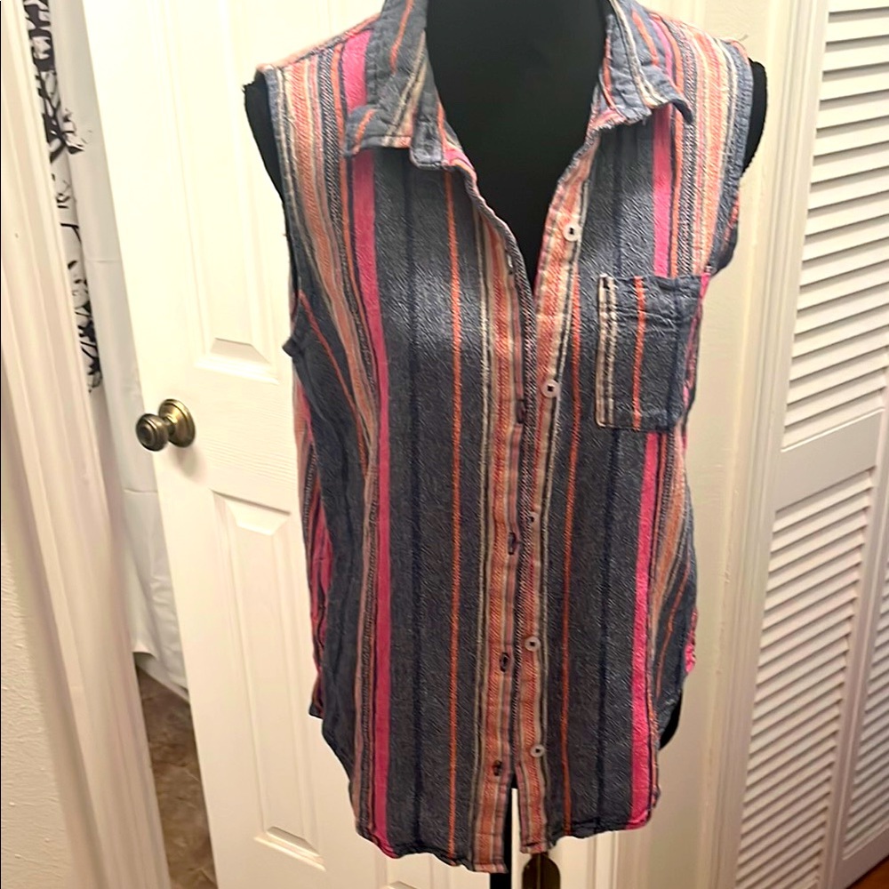 Dash Linen Blend Striped Sleeveless Button-Up Shirt